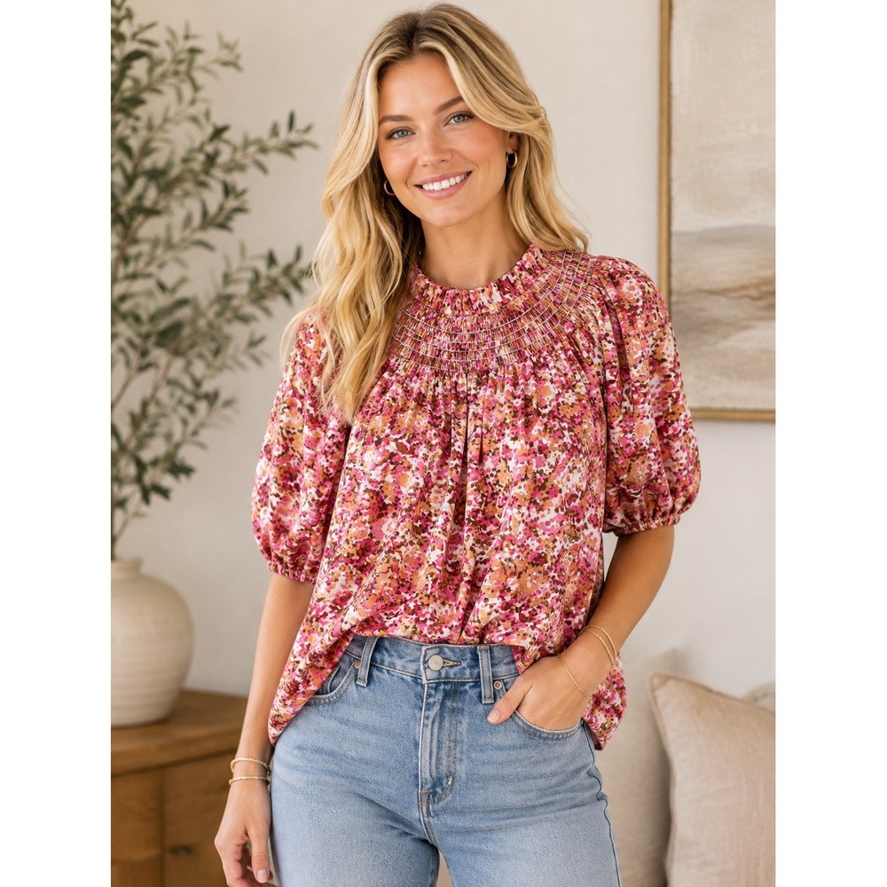 J Crew Smocked Puff Sleeve Floral Top Cotton Cottage Prairie Preppy Blouse XS